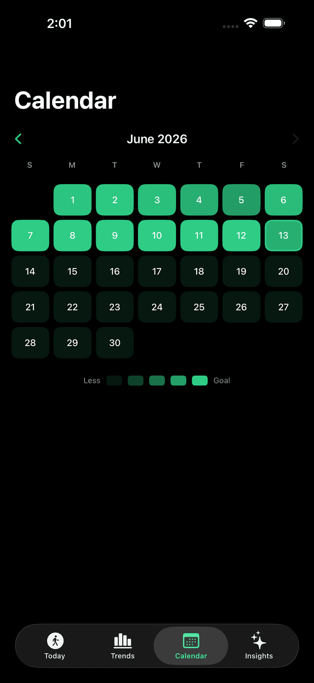 StepTracker Calendar screen